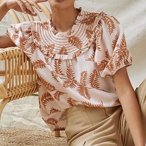 NWT Anthropologie Floral Print Women's Top - Cream and Brown